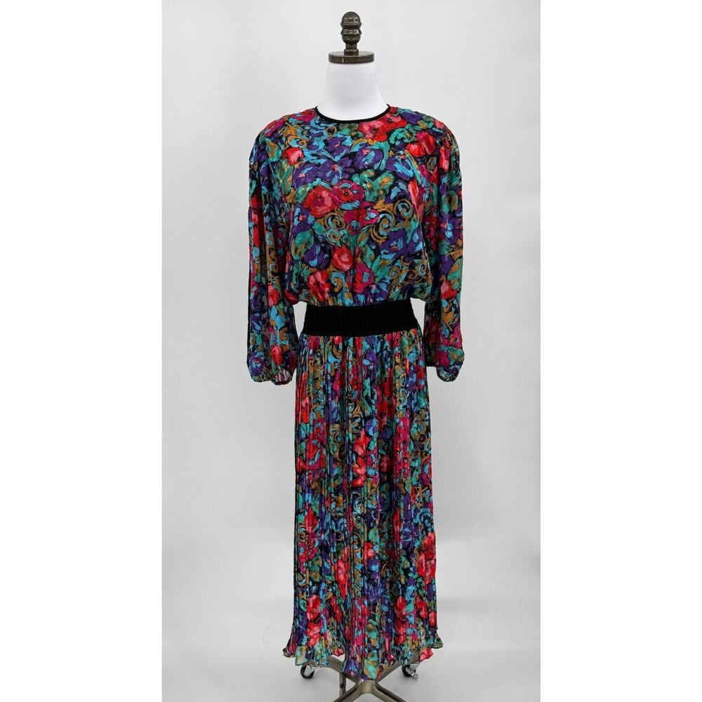 Vintage Diane Freis Original Colorful Floral Abstract Pleated Georgette Dress